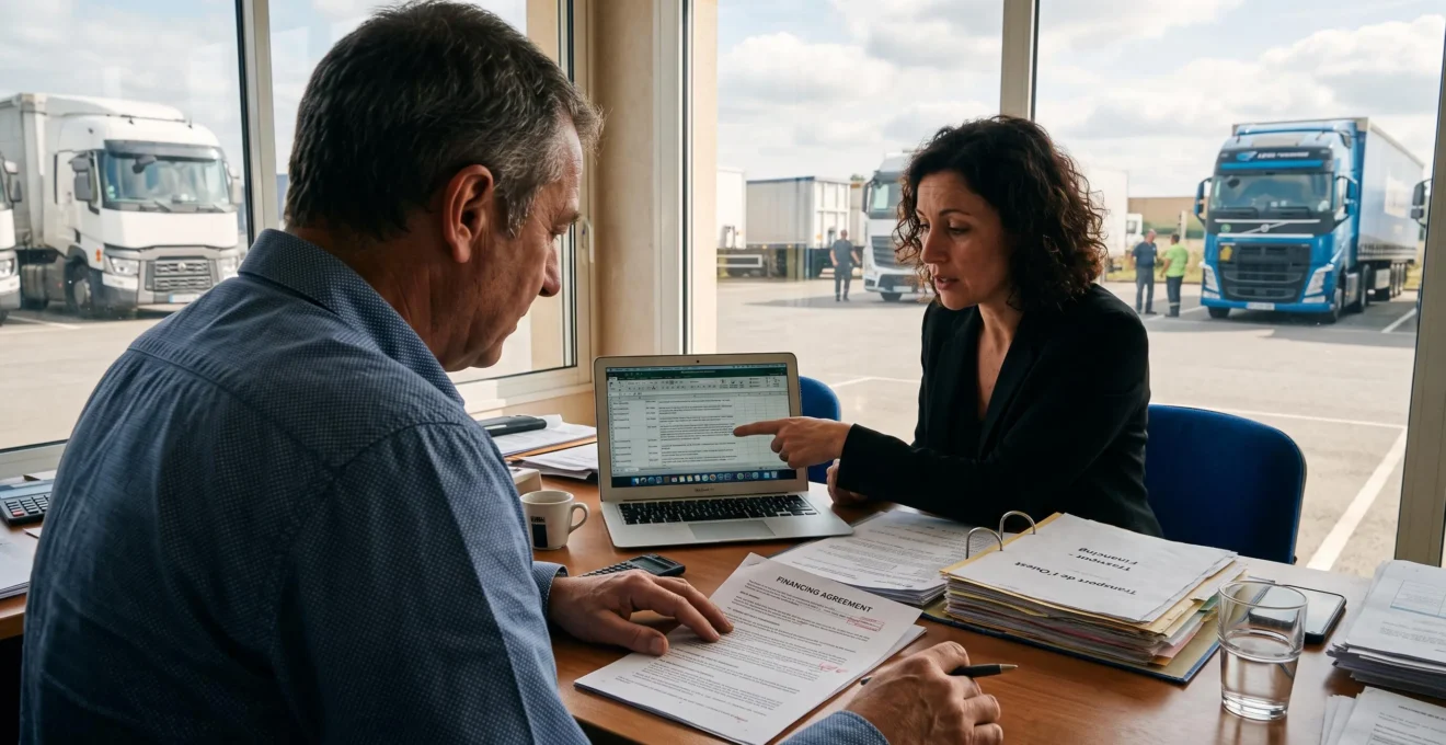 Un dirigeant de transport étudie un dossier de financement avec un conseiller dans son bureau.