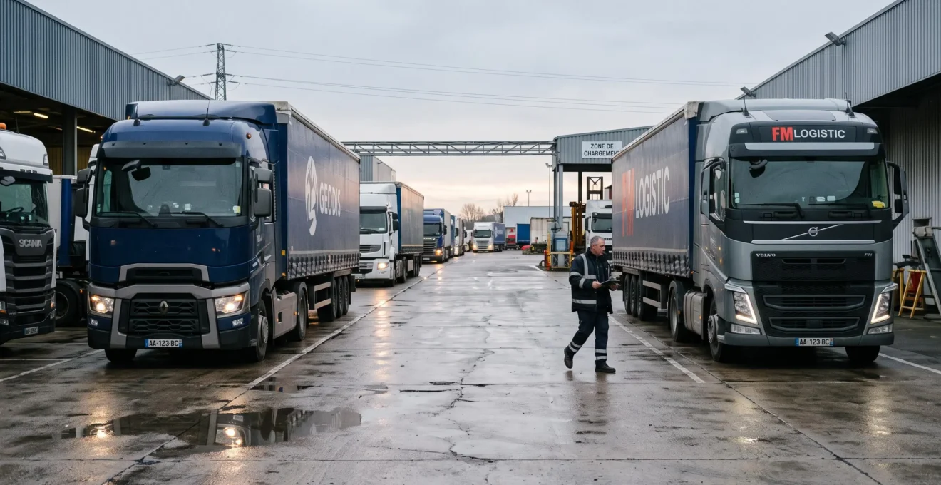 Un chauffeur inspecte un camion parmi une flotte garée sur un dépôt logistique français.