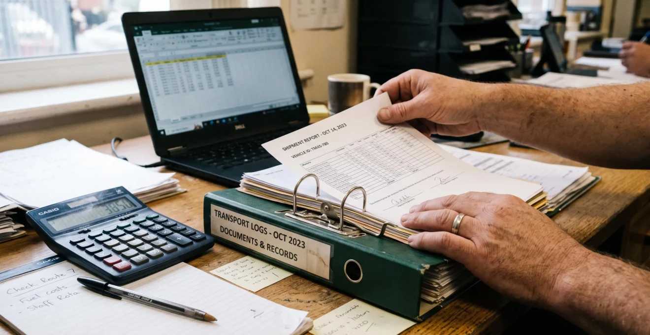 Des mains organisent un dossier administratif avec calculatrice et stylo sur un bureau.