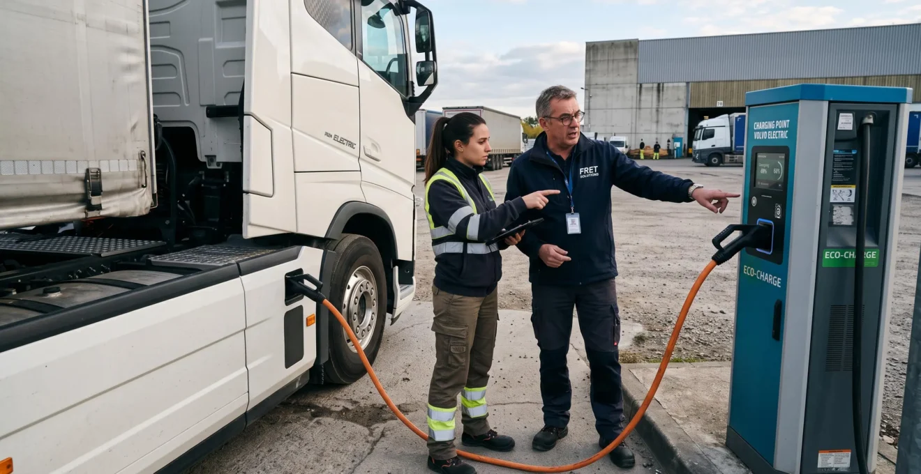 Deux professionnels discutent devant un camion électrique branché à une borne de recharge.